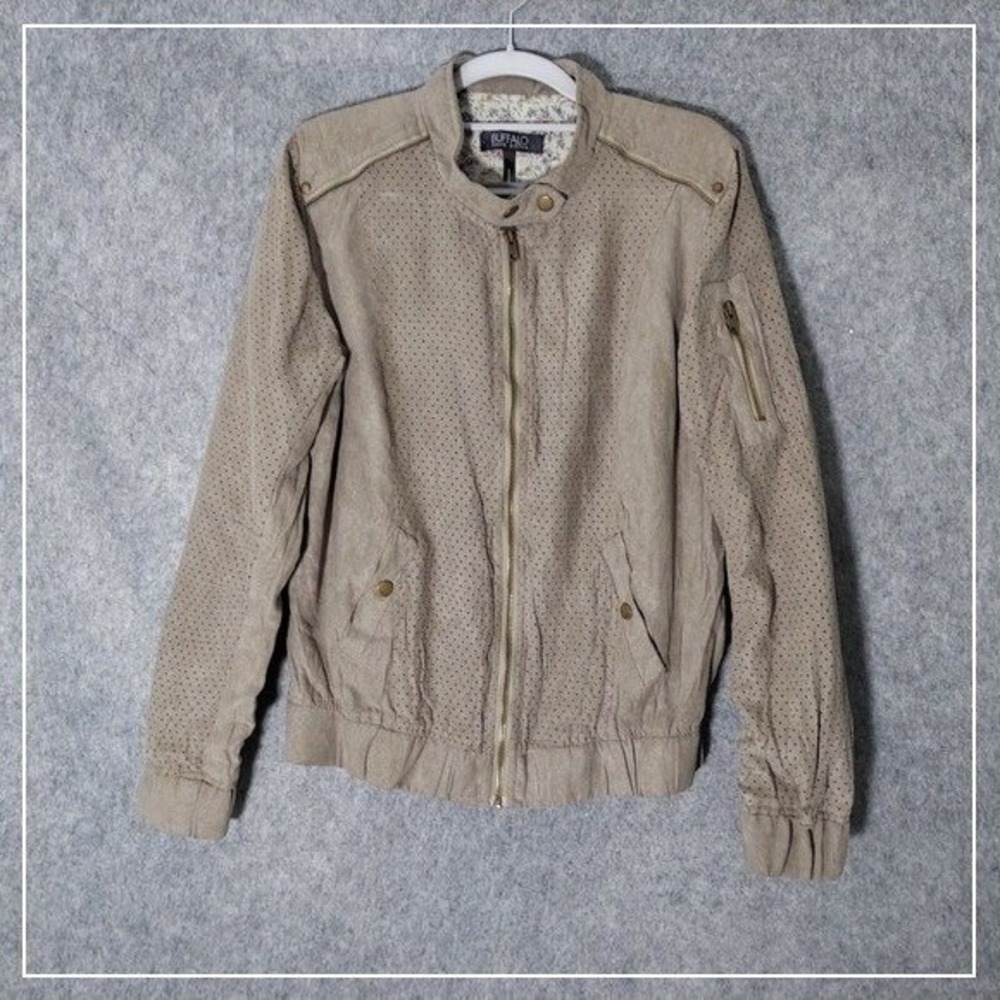 Buffalo‎ David Bitton Women Jacket L Taupe Faux Suede Perforated Moto Biker